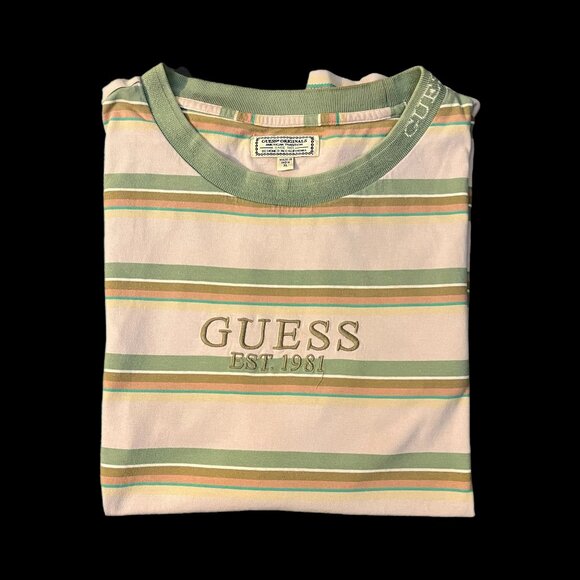 Guess Originals Brand Striped Neutral Earth Tone Colorblock Embroidered T-shirt - Picture 1 of 6